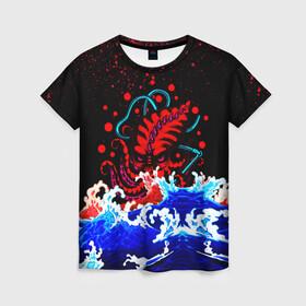 Женская футболка 3D с принтом Кровавый Кракен Монстр в Белгороде, 100% полиэфир ( синтетическое хлопкоподобное полотно) | прямой крой, круглый вырез горловины, длина до линии бедер | animal | beast | blood | drops | kraken | monster | ocean | octopus | sea | water | waves | брызги | вода | волны | животные | звери | капли | кракен | кровь | монстр | море | океан | осьминог | рыбы | щупальца