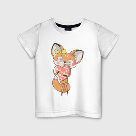 Детская футболка хлопок с принтом Лисица с сердечком в Белгороде, 100% хлопок | круглый вырез горловины, полуприлегающий силуэт, длина до линии бедер | Тематика изображения на принте: fox | foxy | животное | звери | лиса | лисенок | лисичка | милая | рыжая | фокс