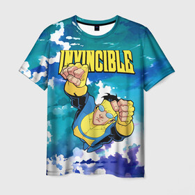 Мужская футболка 3D с принтом Invincible Mark Grayson в Белгороде, 100% полиэфир | прямой крой, круглый вырез горловины, длина до линии бедер | invincible | mark grayson | летит | марк грейсон | мультсериал | небо | неуязвимый | облака | супергерой