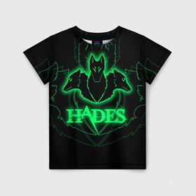 Детская футболка 3D с принтом Hades в Белгороде, 100% гипоаллергенный полиэфир | прямой крой, круглый вырез горловины, длина до линии бедер, чуть спущенное плечо, ткань немного тянется | hades | roguelike | бесконечные круги ада | волки | зелёные | компьютерная игра | светящиеся | эмблема