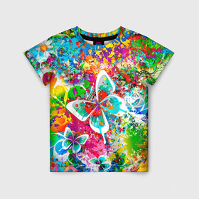 Детская футболка 3D с принтом ЯРКИЕ КРАСКИ в Белгороде, 100% гипоаллергенный полиэфир | прямой крой, круглый вырез горловины, длина до линии бедер, чуть спущенное плечо, ткань немного тянется | Тематика изображения на принте: butterfly | color | flower | rainbow | summer | бабочки | брызги | краски | лето | радуга | цвета | цветы