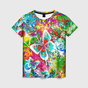 Женская футболка 3D с принтом ЯРКИЕ КРАСКИ в Белгороде, 100% полиэфир ( синтетическое хлопкоподобное полотно) | прямой крой, круглый вырез горловины, длина до линии бедер | butterfly | color | flower | rainbow | summer | бабочки | брызги | краски | лето | радуга | цвета | цветы
