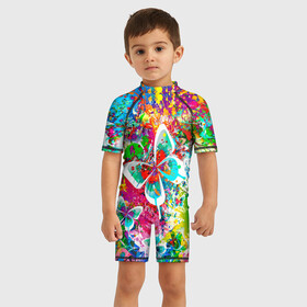 Детский купальный костюм 3D с принтом ЯРКИЕ КРАСКИ в Белгороде, Полиэстер 85%, Спандекс 15% | застежка на молнии на спине | butterfly | color | flower | rainbow | summer | бабочки | брызги | краски | лето | радуга | цвета | цветы