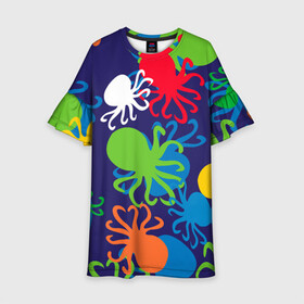 Детское платье 3D с принтом Осьминоги в Белгороде, 100% полиэстер | прямой силуэт, чуть расширенный к низу. Круглая горловина, на рукавах — воланы | Тематика изображения на принте: cute | octopus | милый | морское | осьминог | осьминожка | паттерн | тентакли | щупальца