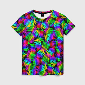 Женская футболка 3D с принтом Неоновый папоротник в Белгороде, 100% полиэфир ( синтетическое хлопкоподобное полотно) | прямой крой, круглый вырез горловины, длина до линии бедер | neon | summer | tropical | азия | ветки | джунгли | жара | зелень | красочный | лето | листья | неоновые цвета | остров | отпуск | пальмы | папоротник | пляж | природа | путешествие | радужный | растения | таиланд