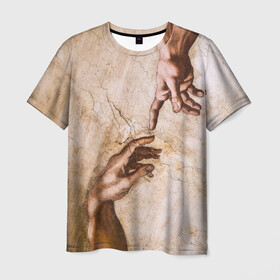 Мужская футболка 3D с принтом Микеланджело сотворение Адама в Белгороде, 100% полиэфир | прямой крой, круглый вырез горловины, длина до линии бедер | адам | бог | картина | картина микеланджело | микеланджело | микелянджело | рука адама | рука бога | скульптор | скульптор микеланджело | сотворение адама
