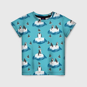 Детская футболка 3D с принтом Пингвины в Белгороде, 100% гипоаллергенный полиэфир | прямой крой, круглый вырез горловины, длина до линии бедер, чуть спущенное плечо, ткань немного тянется | море | морские | океан | пингвин | пингвинчик | пингвины | плавники акул