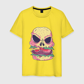 Мужская футболка хлопок с принтом Череп Бургер Skull Burger в Белгороде, 100% хлопок | прямой крой, круглый вырез горловины, длина до линии бедер, слегка спущенное плечо. | Тематика изображения на принте: 100 эко | big daddy | boomer | fashion man | hipster | hipster merch | old school | real man | skulls | vintage | wild beast | бумер | винтаж | гамбургер | еда | фастфуд | хипстер | хипстер мерч | хипстерский череп | черепа | чизбургер