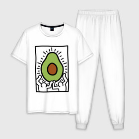 Мужская пижама хлопок с принтом АВОКАДО АРТ в Белгороде, 100% хлопок | брюки и футболка прямого кроя, без карманов, на брюках мягкая резинка на поясе и по низу штанин
 | Тематика изображения на принте: avocado | авокадо | арт | минимализм | простота | человечки