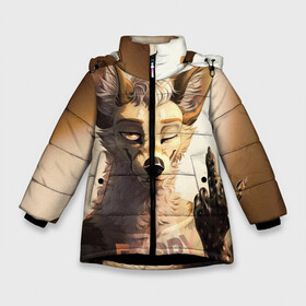 Зимняя куртка для девочек 3D с принтом Furry jackal в Белгороде, ткань верха — 100% полиэстер; подклад — 100% полиэстер, утеплитель — 100% полиэстер. | длина ниже бедра, удлиненная спинка, воротник стойка и отстегивающийся капюшон. Есть боковые карманы с листочкой на кнопках, утяжки по низу изделия и внутренний карман на молнии. 

Предусмотрены светоотражающий принт на спинке, радужный светоотражающий элемент на пуллере молнии и на резинке для утяжки. | Тематика изображения на принте: furry | jackal | антропоморфные животные | люди животные | показывает | средний палец | фурри | фурри фэндом | шакал