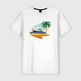Мужская футболка хлопок Slim с принтом Яхта и пляж в Белгороде, 92% хлопок, 8% лайкра | приталенный силуэт, круглый вырез ворота, длина до линии бедра, короткий рукав | корабль | море | морское | пальма | пляж | судно | яхта | яхты