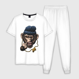 Мужская пижама хлопок с принтом Monkey Boy в Белгороде, 100% хлопок | брюки и футболка прямого кроя, без карманов, на брюках мягкая резинка на поясе и по низу штанин
 | Тематика изображения на принте: gangsta | monkey | wild | блатной | крутой | обезьяна