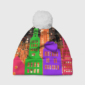 Шапка 3D c помпоном с принтом Ночной Город в Белгороде, 100% полиэстер | универсальный размер, печать по всей поверхности изделия | city | город | дома | неон | ночь