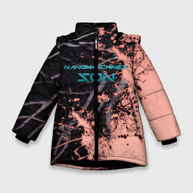 Зимняя куртка для девочек 3D с принтом MGR - Nanomachines Son в Белгороде, ткань верха — 100% полиэстер; подклад — 100% полиэстер, утеплитель — 100% полиэстер. | длина ниже бедра, удлиненная спинка, воротник стойка и отстегивающийся капюшон. Есть боковые карманы с листочкой на кнопках, утяжки по низу изделия и внутренний карман на молнии. 

Предусмотрены светоотражающий принт на спинке, радужный светоотражающий элемент на пуллере молнии и на резинке для утяжки. | Тематика изображения на принте: armstrong | metal gear | metal gear rising | metal gear solid | mgr | mgs | nanomachines | nanomachines son | raiden | snake | steven armstrong | армстронг | мгр | мгс | метал гир | метал гир райзен | наномашины | наномашины сынок | райден