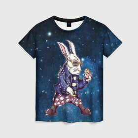 Женская футболка 3D с принтом Пасхальный кроль в Белгороде, 100% полиэфир ( синтетическое хлопкоподобное полотно) | прямой крой, круглый вырез горловины, длина до линии бедер | арт | графика | животные | заяц | звери | кролик | пасха | рокер | яйцо