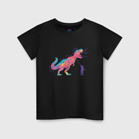 Детская футболка хлопок с принтом Динозавр на поводке в Белгороде, 100% хлопок | круглый вырез горловины, полуприлегающий силуэт, длина до линии бедер | art | dino | dinosaur | dinosaurus | neon | roar | t rex | t rex merch | арт | детский рисунок | динозавр мерч | иллюстрация | неон | рекс | рисунок динозавра | рычащий динозавр | страшные динозавры | т рекс | тираннозавр