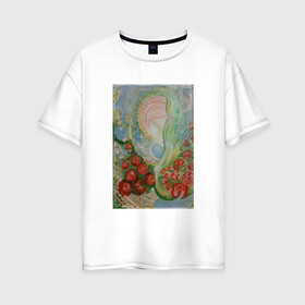 Женская футболка хлопок Oversize с принтом Девушка в розах в Белгороде, 100% хлопок | свободный крой, круглый ворот, спущенный рукав, длина до линии бедер
 | ангелы | девушка | душа | картина | лето | птицы | розы | цветы