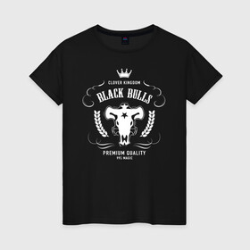 Женская футболка хлопок с принтом Чёрные быки белое лого в Белгороде, 100% хлопок | прямой крой, круглый вырез горловины, длина до линии бедер, слегка спущенное плечо | asta | black bulls | black clover | quartet knights | yuno | акума | аниме | аста | блэк кловер | буракку куро:ба | демон | королевство клевера | король магов | лихт | магна | манга | пятилистник | черный бык | чёрный клев