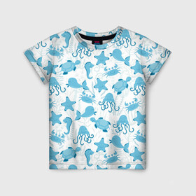 Детская футболка 3D с принтом Морские жители в Белгороде, 100% гипоаллергенный полиэфир | прямой крой, круглый вырез горловины, длина до линии бедер, чуть спущенное плечо, ткань немного тянется | Тематика изображения на принте: dolphin | дельфин | краб | море | морская звезда | морские | морской конек | осьминог | с дельфином | черепаха