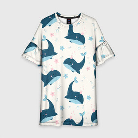 Детское платье 3D с принтом Киты в Белгороде, 100% полиэстер | прямой силуэт, чуть расширенный к низу. Круглая горловина, на рукавах — воланы | whale | белый кит | кит | киты | корабли | кораблики | маяк | морские | паттерн | синий кит | чайки