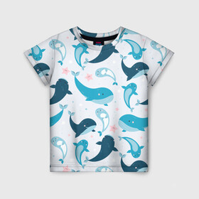 Детская футболка 3D с принтом Киты и тюлени в Белгороде, 100% гипоаллергенный полиэфир | прямой крой, круглый вырез горловины, длина до линии бедер, чуть спущенное плечо, ткань немного тянется | whale | белый кит | кит | киты | корабли | кораблики | маяк | морские | паттерн | синий кит | чайки
