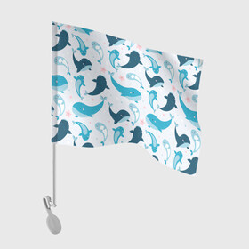 Флаг для автомобиля с принтом Киты и тюлени в Белгороде, 100% полиэстер | Размер: 30*21 см | whale | белый кит | кит | киты | корабли | кораблики | маяк | морские | паттерн | синий кит | чайки