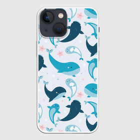 Чехол для iPhone 13 mini с принтом Киты и тюлени в Белгороде,  |  | Тематика изображения на принте: whale | белый кит | кит | киты | корабли | кораблики | маяк | морские | паттерн | синий кит | чайки