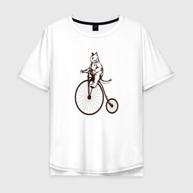 Мужская футболка хлопок Oversize с принтом Винтажный кот на велосипеде в Белгороде, 100% хлопок | свободный крой, круглый ворот, “спинка” длиннее передней части | art | cat | circus | fat cat | grand b | kitten | kitty | penny farthing | pennyfarthing | retro | vintage | арт | велосипед с большим колесом | винтаж | винтажный рисунок | котик | кошка | пенни фартинг | пеннифартинг | ретро | толстый кот |