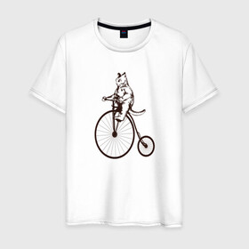 Мужская футболка хлопок с принтом Винтажный кот на велосипеде в Белгороде, 100% хлопок | прямой крой, круглый вырез горловины, длина до линии бедер, слегка спущенное плечо. | Тематика изображения на принте: art | cat | circus | fat cat | grand b | kitten | kitty | penny farthing | pennyfarthing | retro | vintage | арт | велосипед с большим колесом | винтаж | винтажный рисунок | котик | кошка | пенни фартинг | пеннифартинг | ретро | толстый кот |