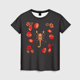 Женская футболка 3D с принтом Маки и рак в Белгороде, 100% полиэфир ( синтетическое хлопкоподобное полотно) | прямой крой, круглый вырез горловины, длина до линии бедер | животные | знаки зодиака | космос | красный | маки | рак | цветы | черный | эзотерика
