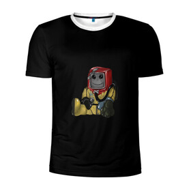 Мужская футболка 3D спортивная с принтом Smiley Hazmat Rust в Белгороде, 100% полиэстер с улучшенными характеристиками | приталенный силуэт, круглая горловина, широкие плечи, сужается к линии бедра | Тематика изображения на принте: adventure | fun | hazmat | rust | videogame | игра | костюм | позитив | раст | химзащита | химкостюм