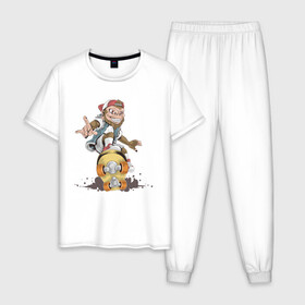 Мужская пижама хлопок с принтом Крутой Монк в Белгороде, 100% хлопок | брюки и футболка прямого кроя, без карманов, на брюках мягкая резинка на поясе и по низу штанин
 | Тематика изображения на принте: king | monkey | крутой | скейтборд | спорт