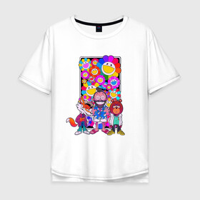 Мужская футболка хлопок Oversize с принтом Радужный мир в Белгороде, 100% хлопок | свободный крой, круглый ворот, “спинка” длиннее передней части | kaney | лис | медведь | отдых | радужный мир | такаси мураками