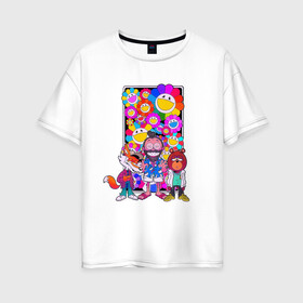 Женская футболка хлопок Oversize с принтом Радужный мир в Белгороде, 100% хлопок | свободный крой, круглый ворот, спущенный рукав, длина до линии бедер
 | kaney | лис | медведь | отдых | радужный мир | такаси мураками