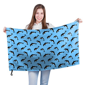 Флаг 3D с принтом Дельфины в Белгороде, 100% полиэстер | плотность ткани — 95 г/м2, размер — 67 х 109 см. Принт наносится с одной стороны | dolphin | дельфин | дельфины | море | морские | на голубом | с дельфином