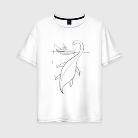 Женская футболка хлопок Oversize с принтом Рыбак и Несси в Белгороде, 100% хлопок | свободный крой, круглый ворот, спущенный рукав, длина до линии бедер
 | клёв | клюет | лодка | монстр | несси | озеро | рыба | рыбак | рыбалка | сон | удочка | чудовище