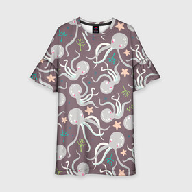 Детское платье 3D с принтом Осьминоги в Белгороде, 100% полиэстер | прямой силуэт, чуть расширенный к низу. Круглая горловина, на рукавах — воланы | cute | octopus | милый | морское | осьминог | осьминожка | паттерн | тентакли | щупальца
