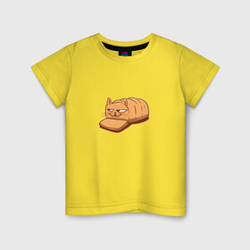 Детская футболка хлопок с принтом Кот хлеб - Bread Cat в Белгороде, 100% хлопок | круглый вырез горловины, полуприлегающий силуэт, длина до линии бедер | Тематика изображения на принте: kitten | kitty | meme | memes | puss | pussy | pussycat | батон | булка | булочка | киса | киска | кисуля | кот из мема | котёнок | котик | котята | кошка | мем | мемас | мемчик | не еш подумой | не ешь подумай | нееште меня | 