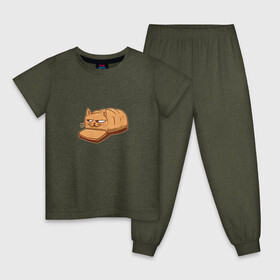 Детская пижама хлопок с принтом Кот хлеб - Bread Cat в Белгороде, 100% хлопок |  брюки и футболка прямого кроя, без карманов, на брюках мягкая резинка на поясе и по низу штанин
 | Тематика изображения на принте: kitten | kitty | meme | memes | puss | pussy | pussycat | батон | булка | булочка | киса | киска | кисуля | кот из мема | котёнок | котик | котята | кошка | мем | мемас | мемчик | не еш подумой | не ешь подумай | нееште меня | 