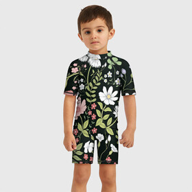 Детский купальный костюм 3D с принтом Полевые цветы в Белгороде, Полиэстер 85%, Спандекс 15% | застежка на молнии на спине | арт | ночь | поле | полевые цветы | рисунок | ромашка | ромашки | тёмный фон | цветок | цветы | чёрное | яркие цветы | яркий цветок