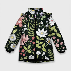 Зимняя куртка для девочек 3D с принтом Полевые цветы в Белгороде, ткань верха — 100% полиэстер; подклад — 100% полиэстер, утеплитель — 100% полиэстер. | длина ниже бедра, удлиненная спинка, воротник стойка и отстегивающийся капюшон. Есть боковые карманы с листочкой на кнопках, утяжки по низу изделия и внутренний карман на молнии. 

Предусмотрены светоотражающий принт на спинке, радужный светоотражающий элемент на пуллере молнии и на резинке для утяжки. | арт | ночь | поле | полевые цветы | рисунок | ромашка | ромашки | тёмный фон | цветок | цветы | чёрное | яркие цветы | яркий цветок
