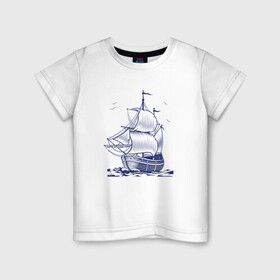 Детская футболка хлопок с принтом Корабль в Белгороде, 100% хлопок | круглый вырез горловины, полуприлегающий силуэт, длина до линии бедер | Тематика изображения на принте: ships | whale | кит | киты | корабли | кораблики | корабль | море | морские | морское | паруса | чайки