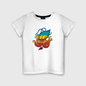 Детская футболка хлопок с принтом Ктулху цветной в Белгороде, 100% хлопок | круглый вырез горловины, полуприлегающий силуэт, длина до линии бедер | Тематика изображения на принте: king | kraken | octopus | корона | кракен | ктулху | море | морские | морское | осьминог | щупальца