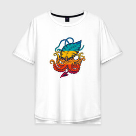 Мужская футболка хлопок Oversize с принтом Ктулху цветной в Белгороде, 100% хлопок | свободный крой, круглый ворот, “спинка” длиннее передней части | king | kraken | octopus | корона | кракен | ктулху | море | морские | морское | осьминог | щупальца