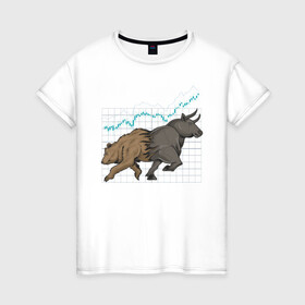 Женская футболка хлопок с принтом Бык или Медведь в Белгороде, 100% хлопок | прямой крой, круглый вырез горловины, длина до линии бедер, слегка спущенное плечо | bulls | акции | банк | бык | инвестиции | медведь | тинькофф