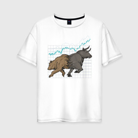 Женская футболка хлопок Oversize с принтом Бык или Медведь в Белгороде, 100% хлопок | свободный крой, круглый ворот, спущенный рукав, длина до линии бедер
 | bulls | акции | банк | бык | инвестиции | медведь | тинькофф