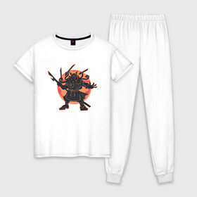 Женская пижама хлопок с принтом Ктулху Самурай Samurai ninja в Белгороде, 100% хлопок | брюки и футболка прямого кроя, без карманов, на брюках мягкая резинка на поясе и по низу штанин | Тематика изображения на принте: art | cyberpunk samurai | elder god | ninja | oni | rdsmry | ronin | samurai | shogun | арт | говард лавкрафт | древние боги | древний бог | киберпанк самурай | мерч | осьминог | прикол | путь воина | ронин | сёгун | токио | харакири