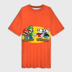 Платье-футболка 3D с принтом CupHead x Mario в Белгороде,  |  | Тематика изображения на принте: arkade | cup head | cuphead | game | games | mario | аркада | игра | игры | кап хэд | капхед | купа хэд | марио | сгз руфв | сгзруфв | чашкоголовый