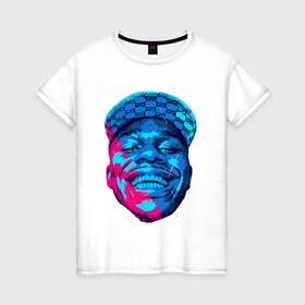 Женская футболка хлопок с принтом DaBaby Rainbow в Белгороде, 100% хлопок | прямой крой, круглый вырез горловины, длина до линии бедер, слегка спущенное плечо | deluxe | gangsta | lets gooo | rainbow | rap music | дабэби | лес гоо | музыка