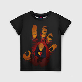 Детская футболка 3D с принтом Итадори Юдзи в Белгороде, 100% гипоаллергенный полиэфир | прямой крой, круглый вырез горловины, длина до линии бедер, чуть спущенное плечо, ткань немного тянется | finger | fushiguro | gojo | hand | itadori | jujutsu | kaisen | kugisaki | megumi | nobaru | satoru | sukuna | yuji | битва | гето | годжо | дзюго | итадори | кенто | кугисаки | магическая | махито | мегуми | нанами | нобара | пальцы | рука | сатору | суг
